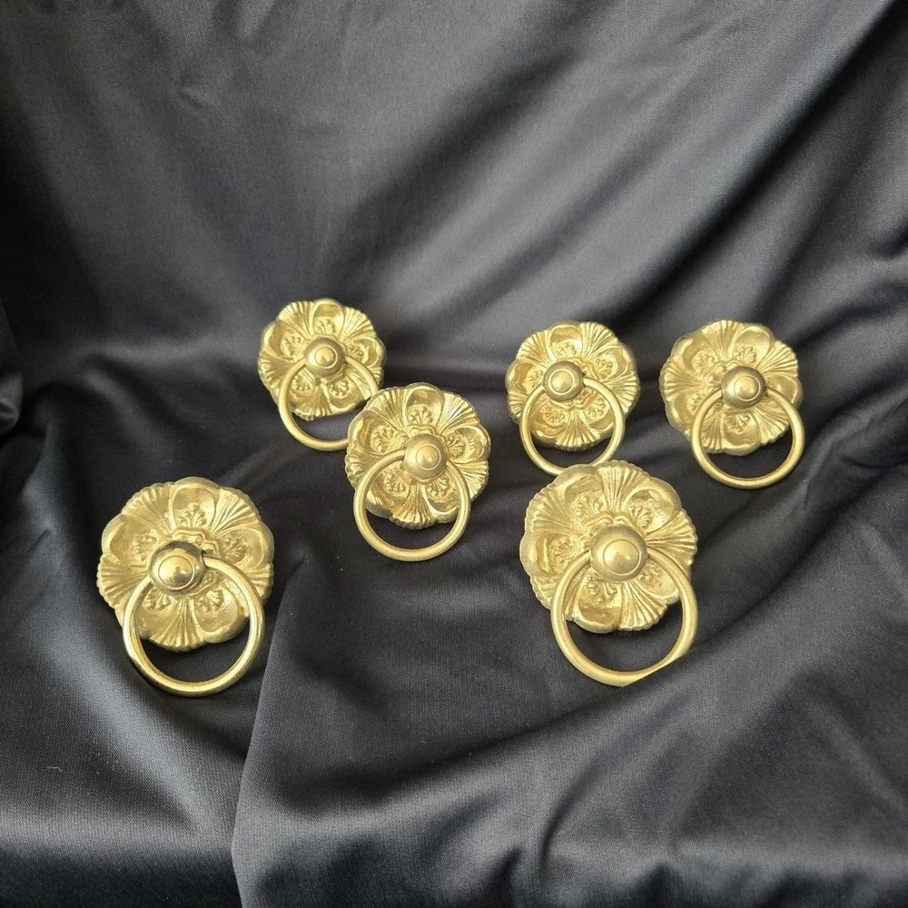 Lot of 6 Silvertone Ornate Floral Backplate w/ Central Drop Ring Drawer Pulls